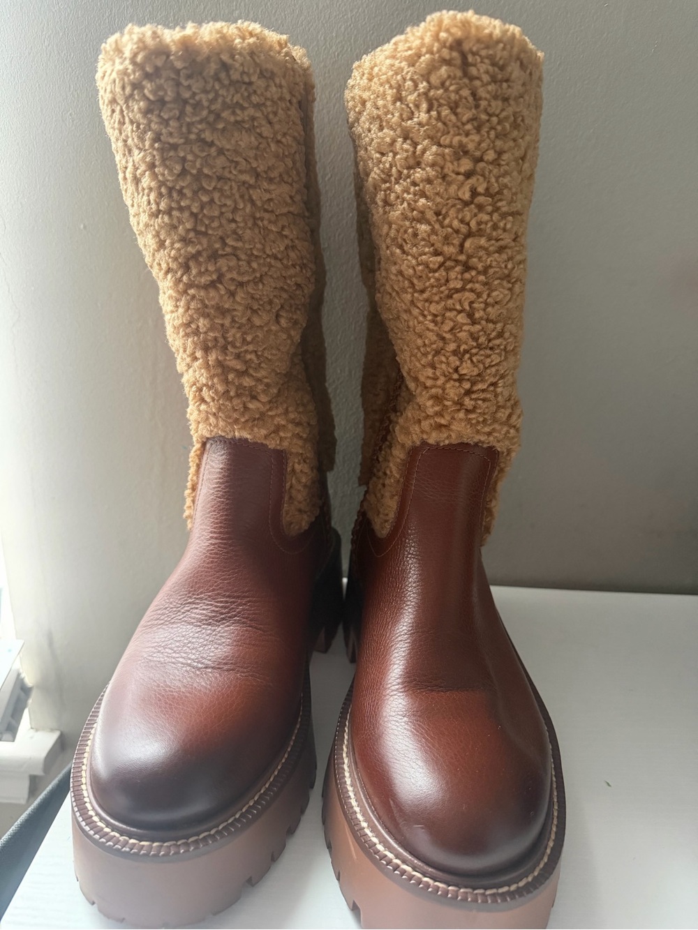 Sam Edelman Women’s Brown Leather & Tan Sherpa-Lined Winter Boots